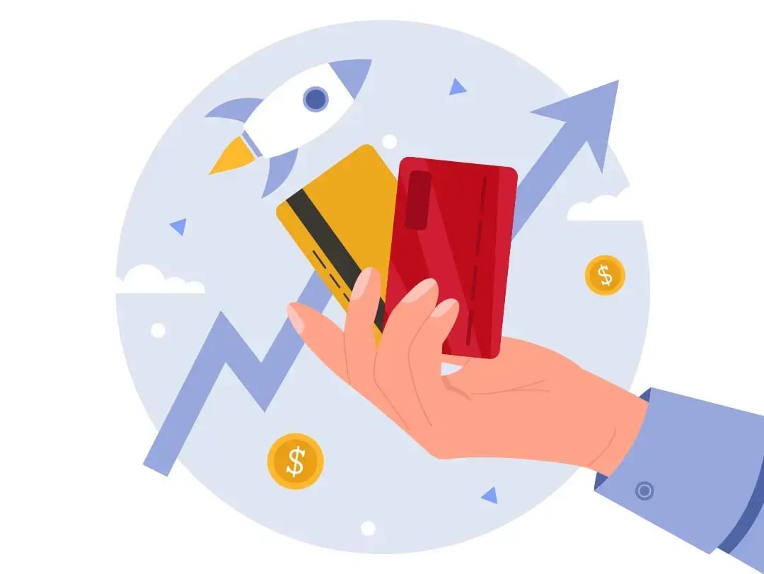 Tarjetas de pago con elementos gráficos de crecimiento y tecnología financiera, simbolizando la evolución de los Medios de Pago.